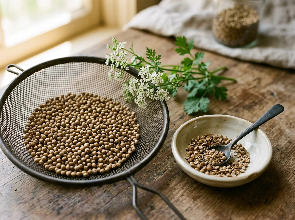 Whole ripe coriander seed with a sieve screen and a small dish of cracked seed
