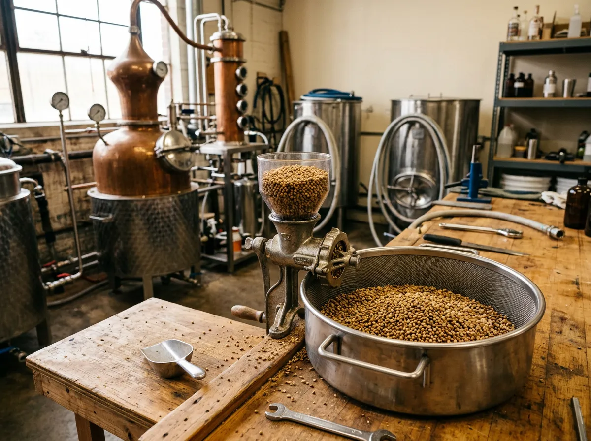 Coriander seed being coarse-milled beside a charged still